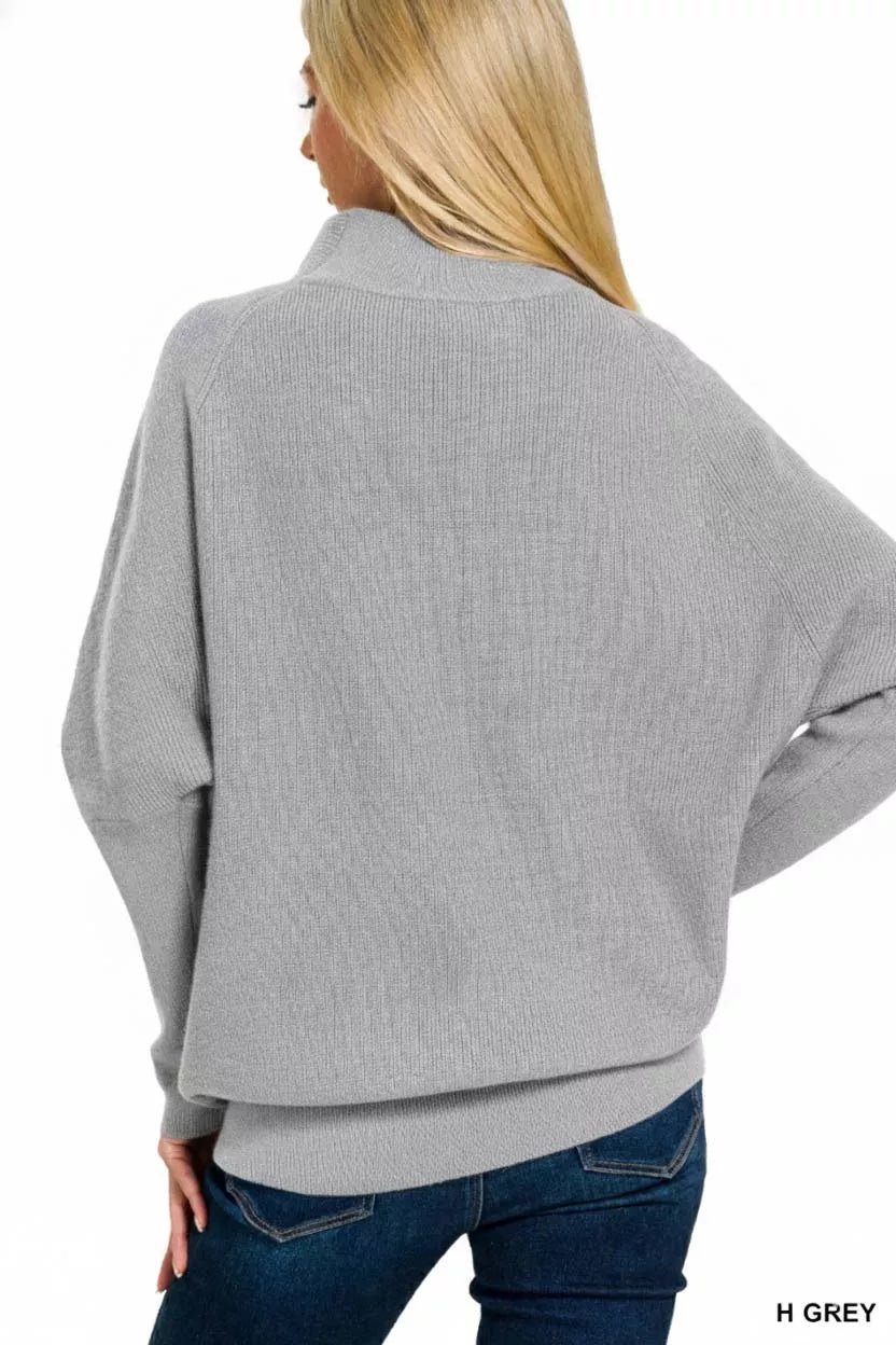 H Grey Zenana Viscose Dolman Sleeve Mock Neck Sweater