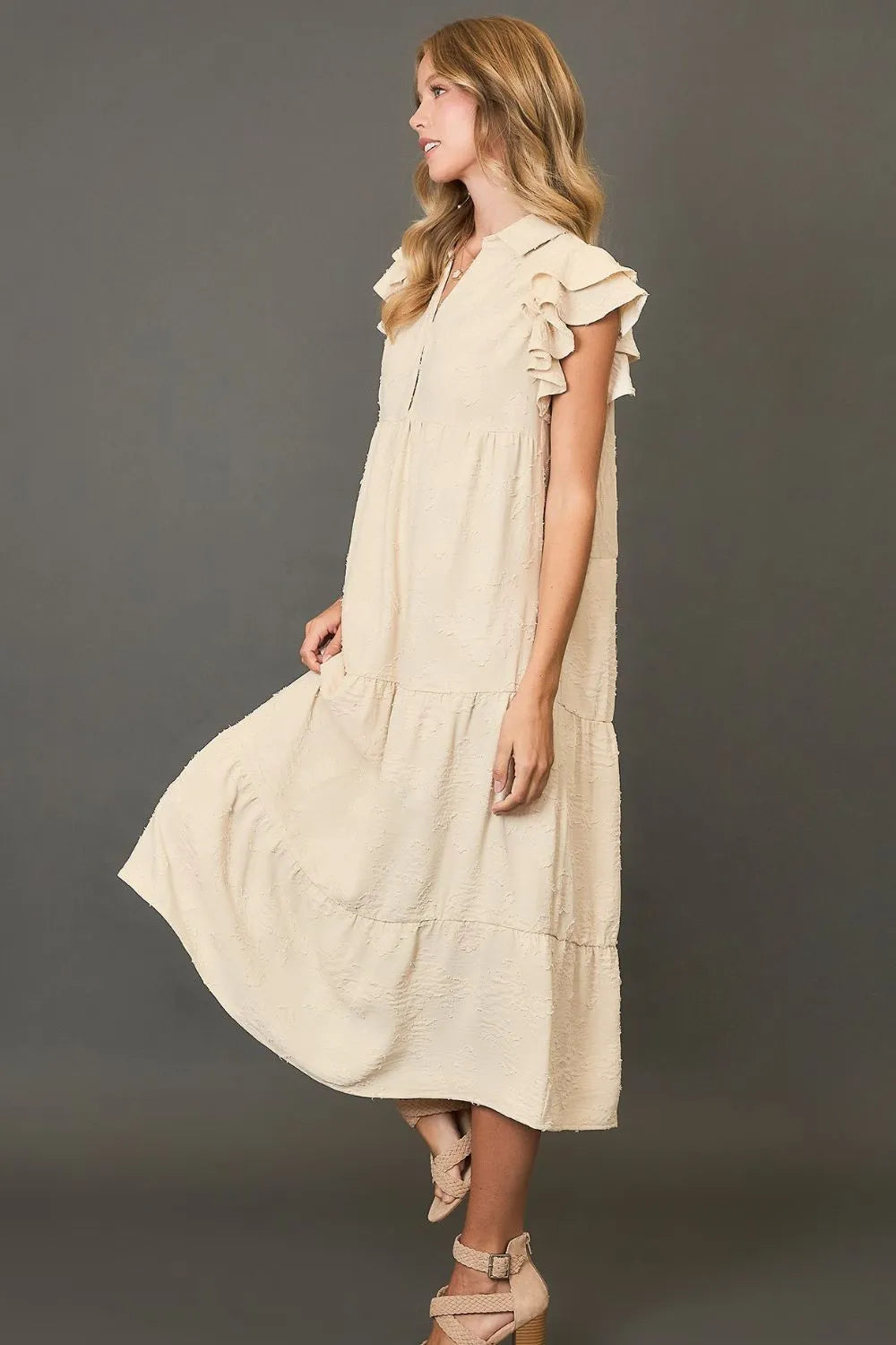 Cream Umgee Full Size Tiered Floral Burnout Ruffle Sleeve Midi Dress Plus Size