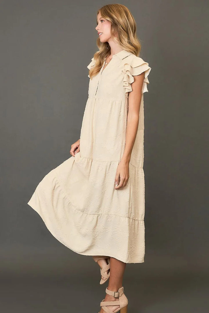 Cream Umgee Full Size Tiered Floral Burnout Ruffle Sleeve Midi Dress Plus Size