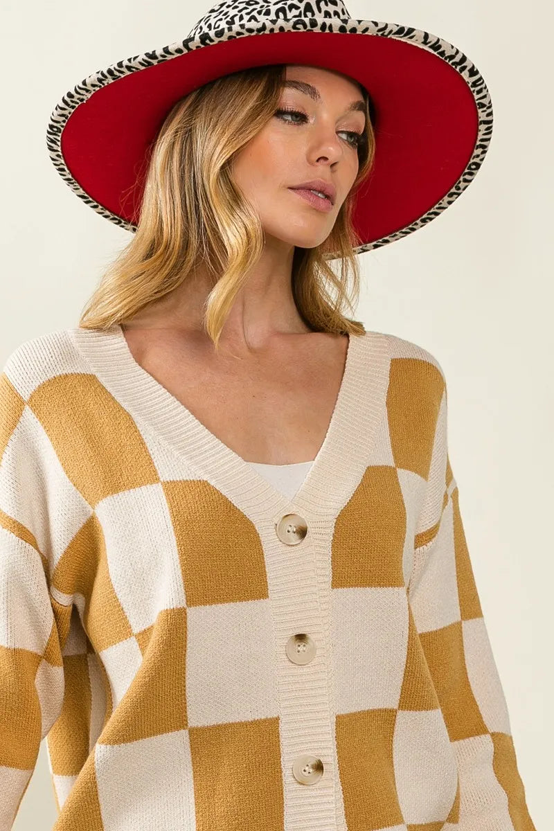 Bibi Checked V Neck Cardigan