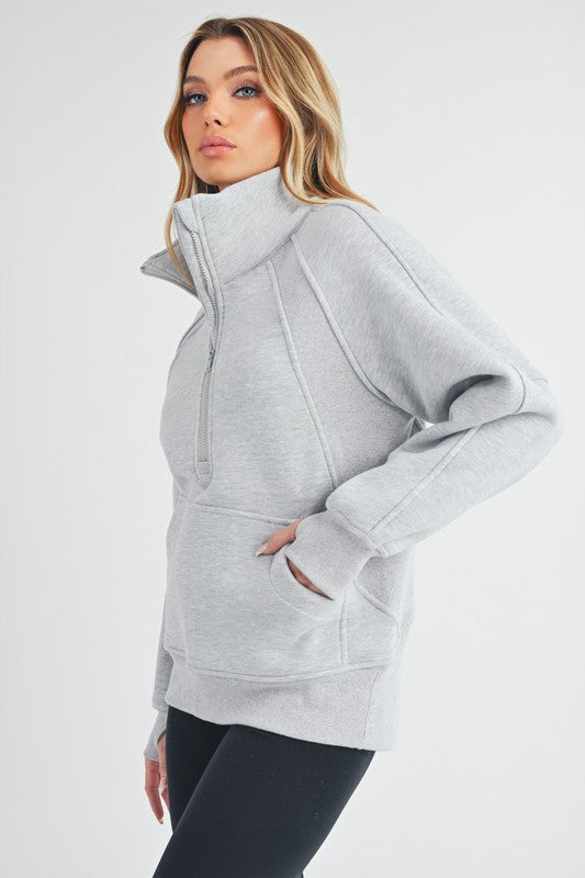Light Gray Aemi Co Half Zip Raglan Sleeve Sweatshirt With Kangaroo Pocket 1