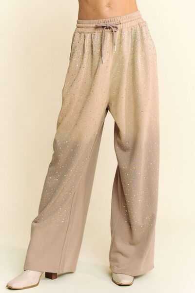 Tan Davi Dani Rhinestone Drawstring Wide Leg Pants