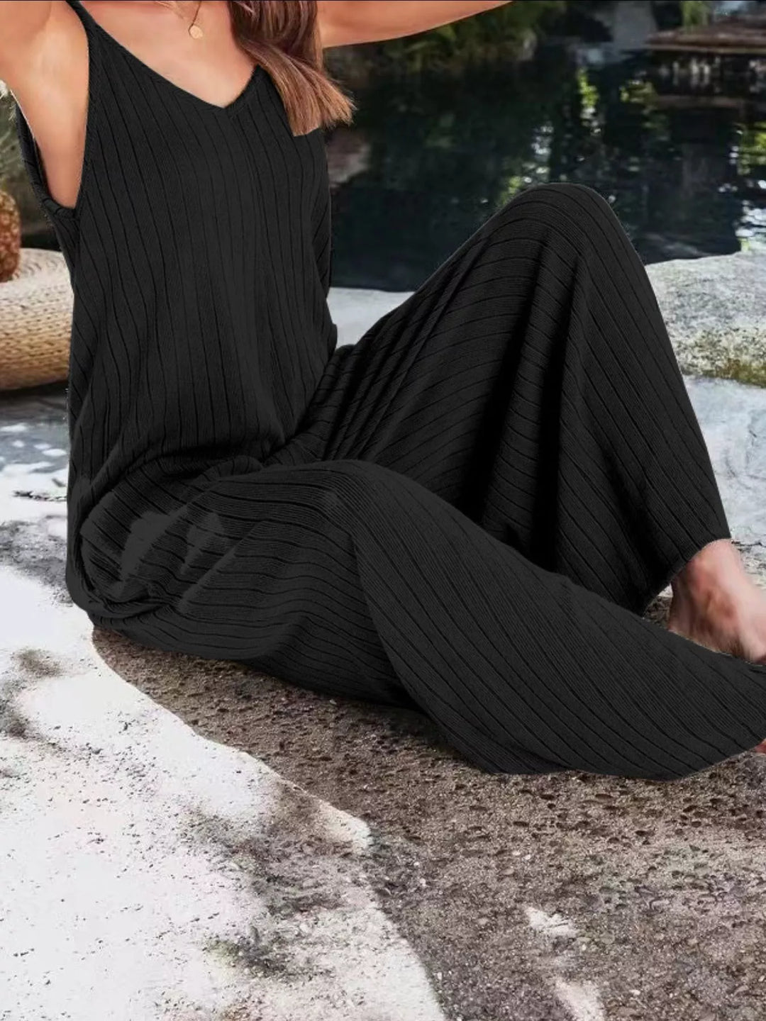 Black Ribbed V Neck Wide Leg Jumpsuit