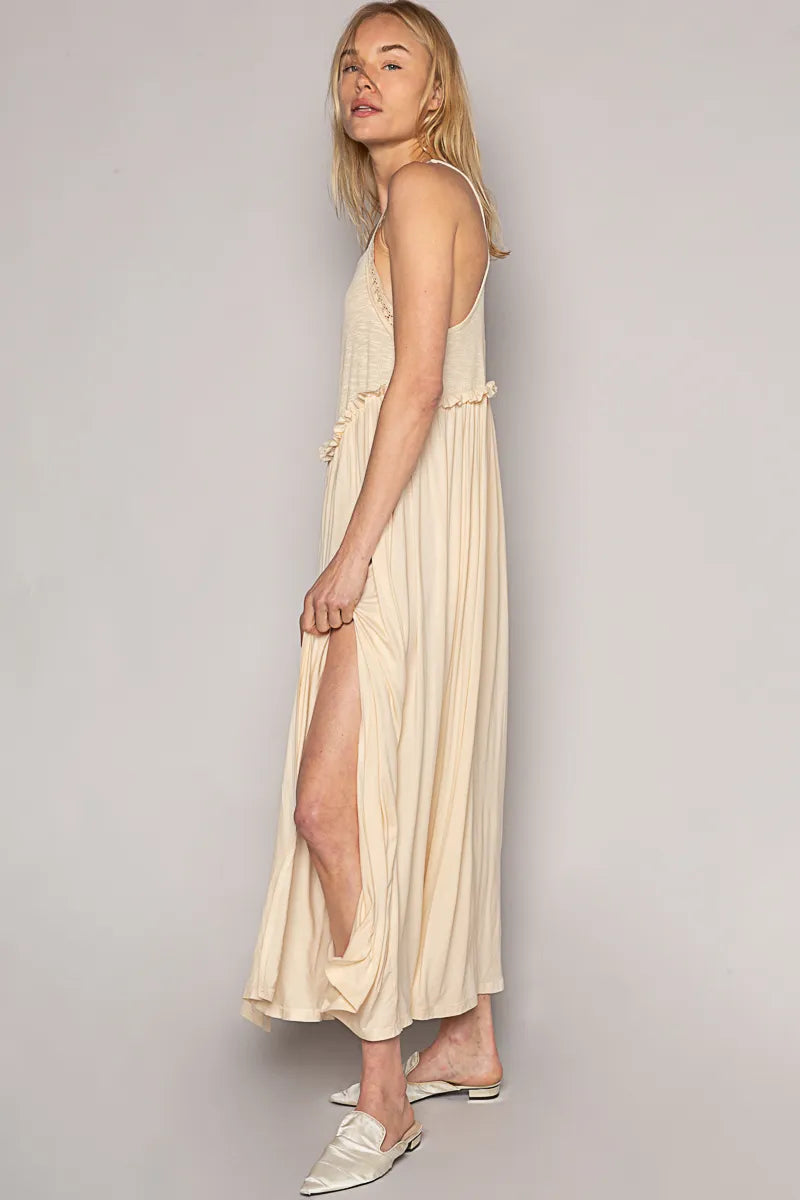 Cream Pol Frill Slit Square Neck Cami Dress