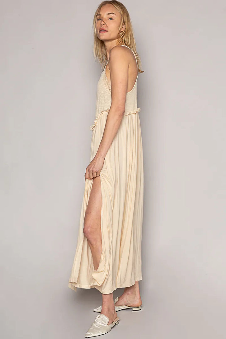Cream Pol Frill Slit Square Neck Cami Dress