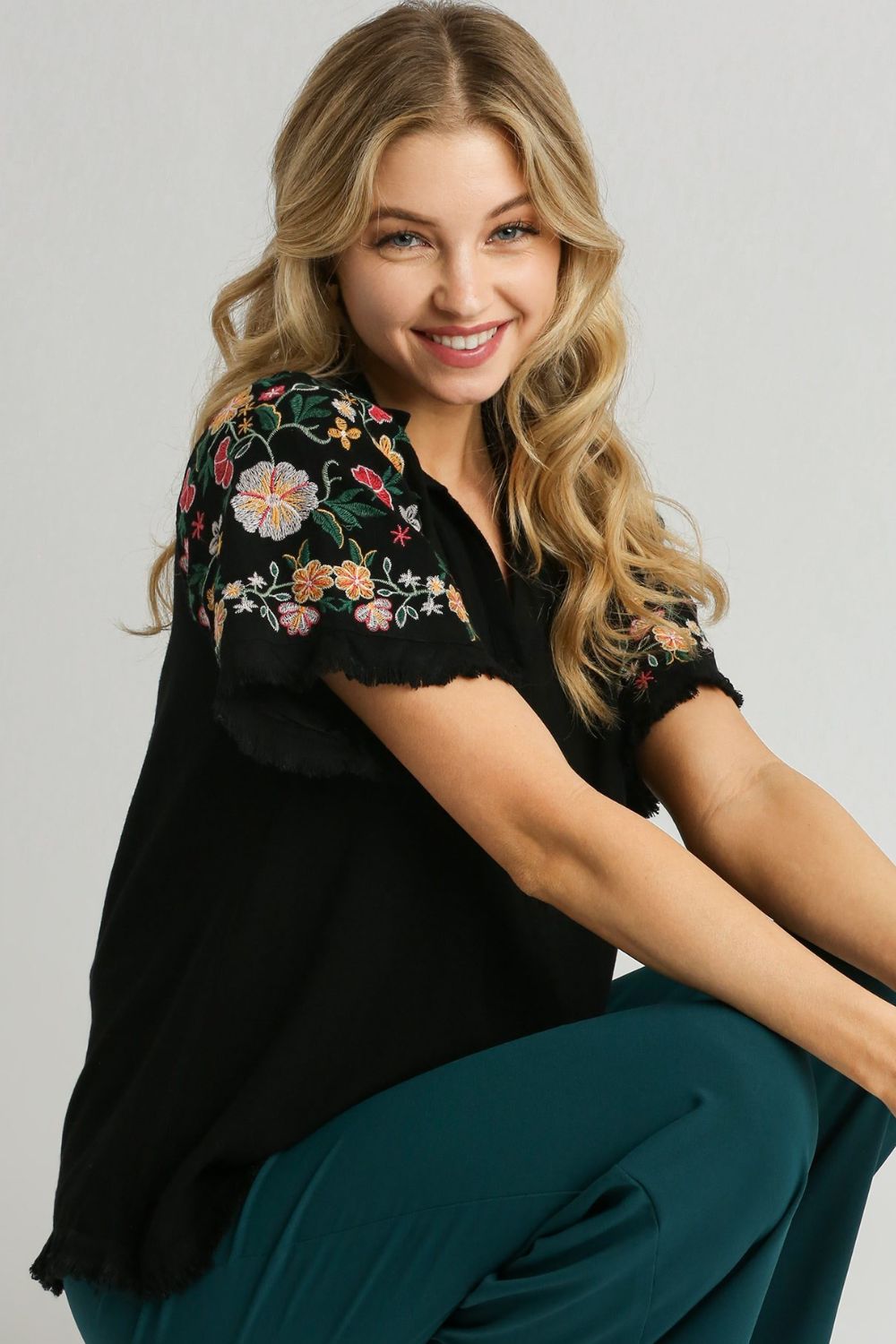 Black Umgee Full Size Linen Shirt With Embroidered Sleeves Plus Size