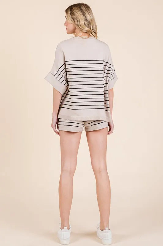 Lime N Chili Striped Folded Half Sleeve Top And Shorts Set