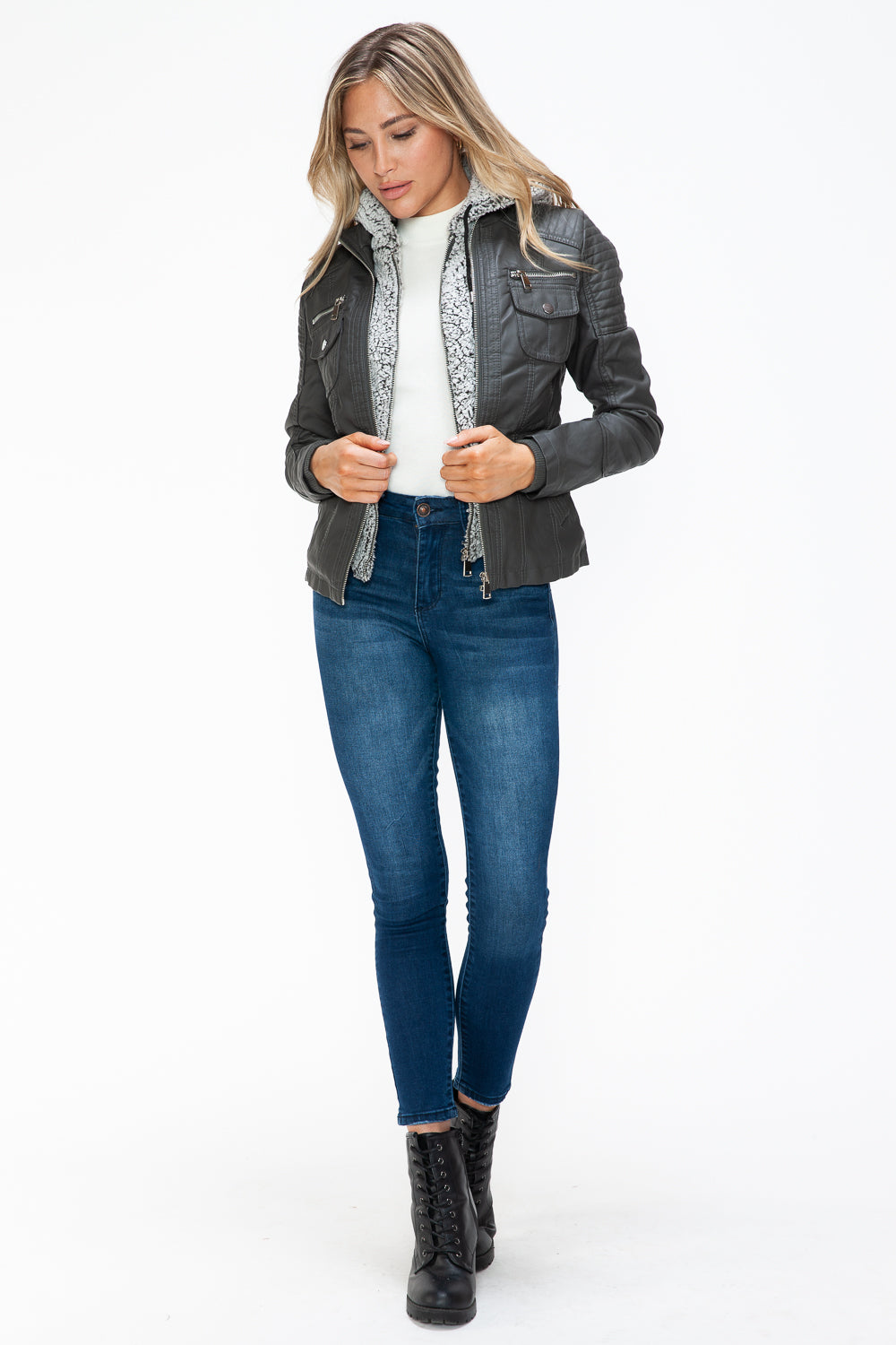 Ymi Removable Faux Layered Multi Pocket Jacket With Fuzzy Hood 1