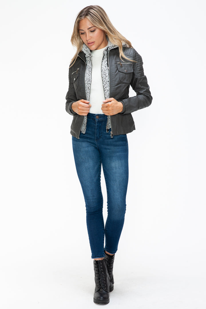 Ymi Removable Faux Layered Multi Pocket Jacket With Fuzzy Hood 1