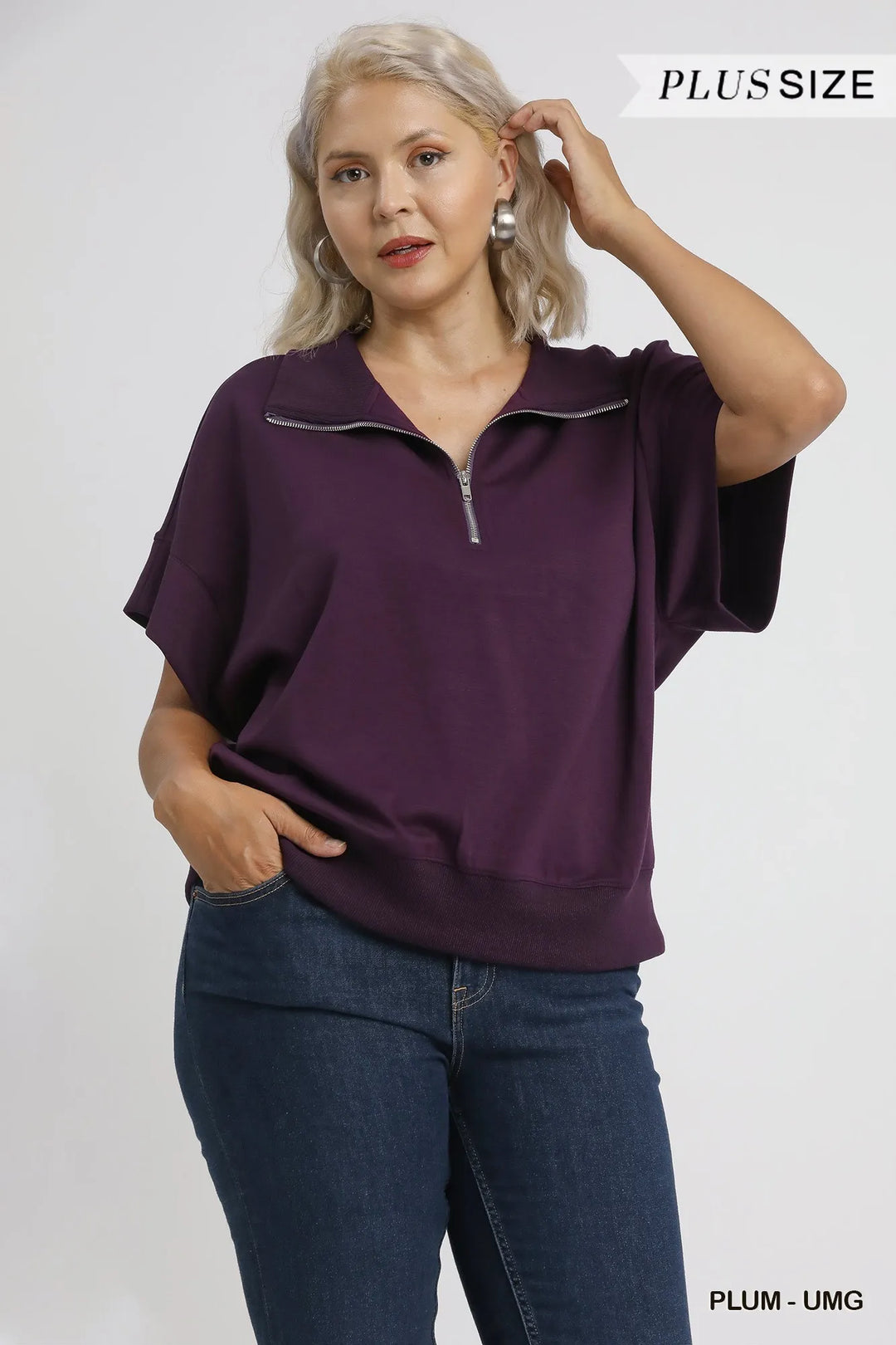Plum Umgee Full Size Half Zip Short Sleeve Top Plus Size 2