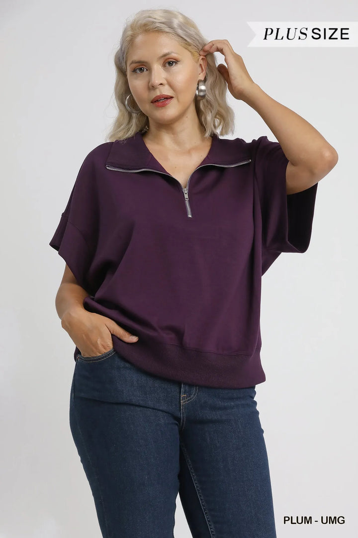 Plum Umgee Full Size Half Zip Short Sleeve Top Plus Size 2