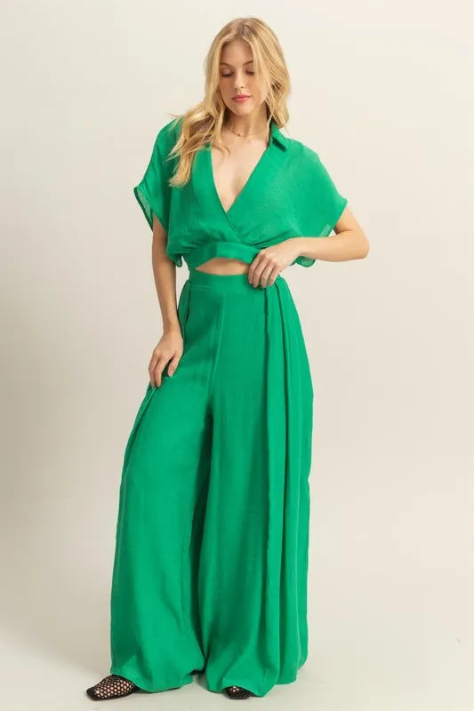 Green Hyfve Kimono Sleeve Crop Top And Wide Leg Pants Set 4