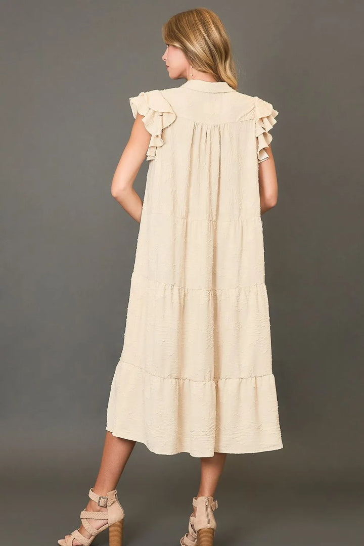 Cream Umgee Full Size Tiered Floral Burnout Ruffle Sleeve Midi Dress Plus Size