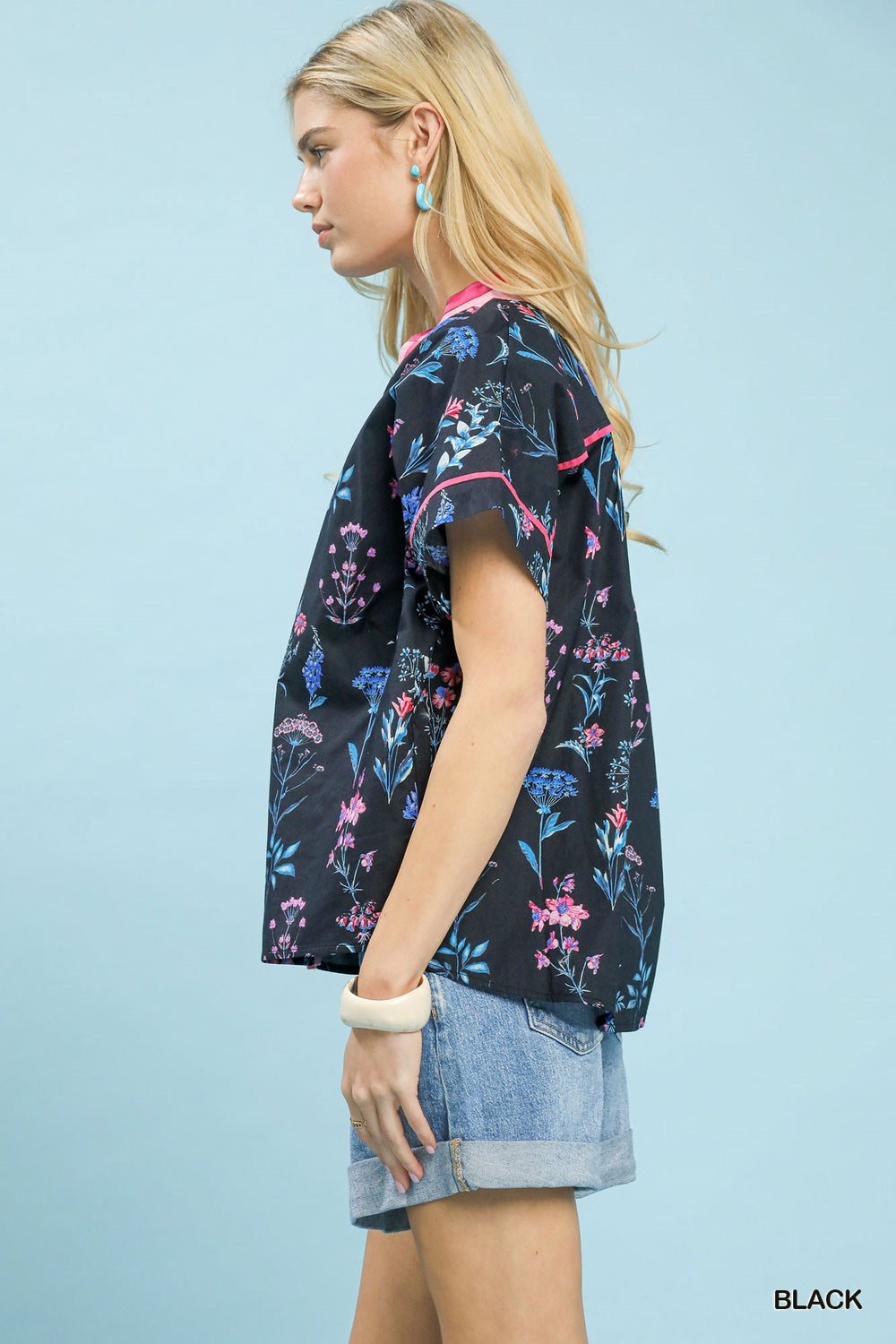 Black Umgee Botanical Floral Button Front Top