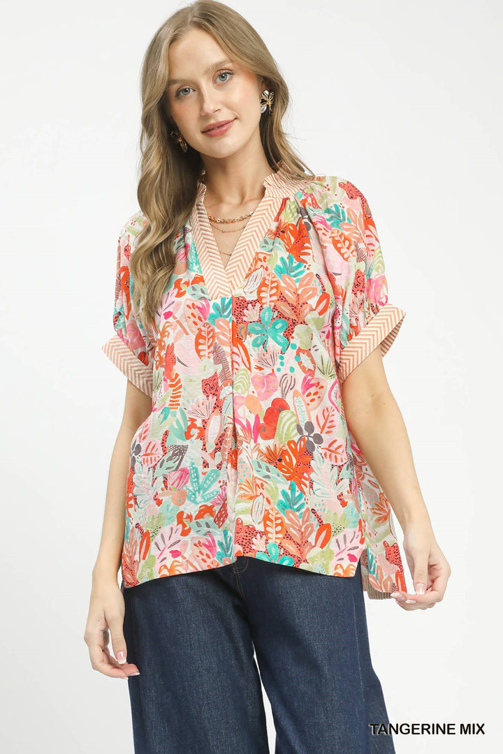 Tangerine Mix Umgee Mix Boho Printed V Neck Top