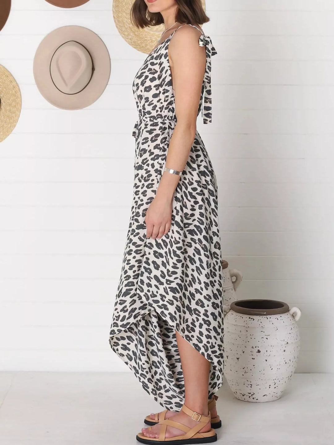 White Full Size Leopard Print V Neck Wide Leg Jumpsuit Plus Size
