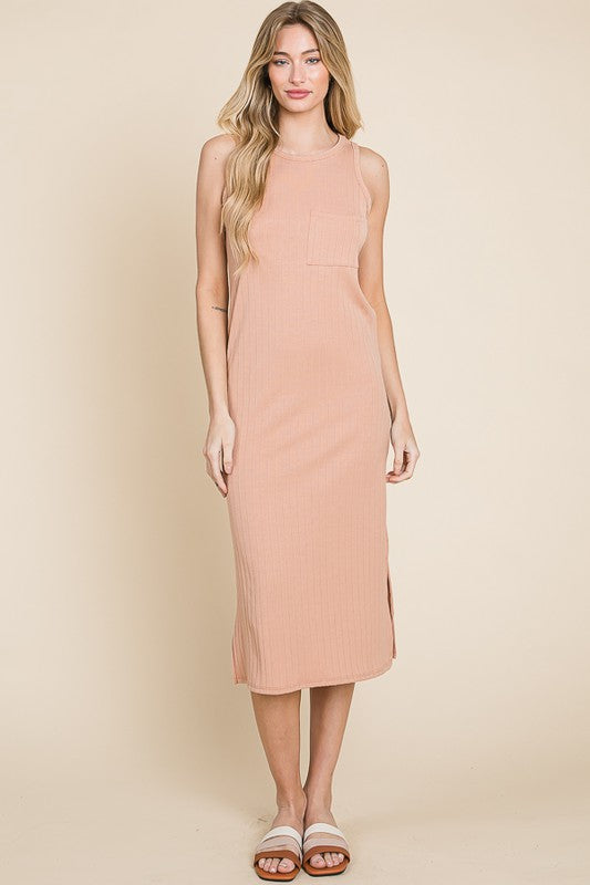 Apricot Bombom Ribbed Knit Sleeveless Midi Dress