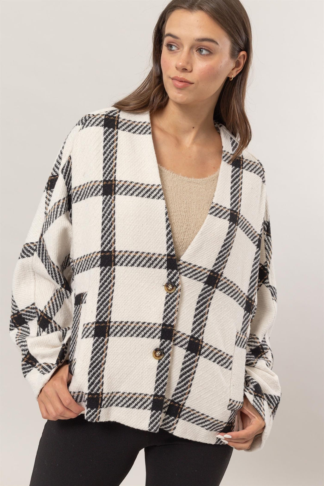 Cream Hyfve Plaid Long Sleeve Jacket With Side Slit Pockets