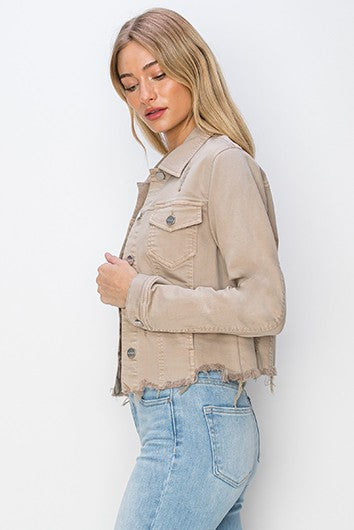 Khaki Risen Full Size Raw Hem Button Up Cropped Denim Jacket Plus Size