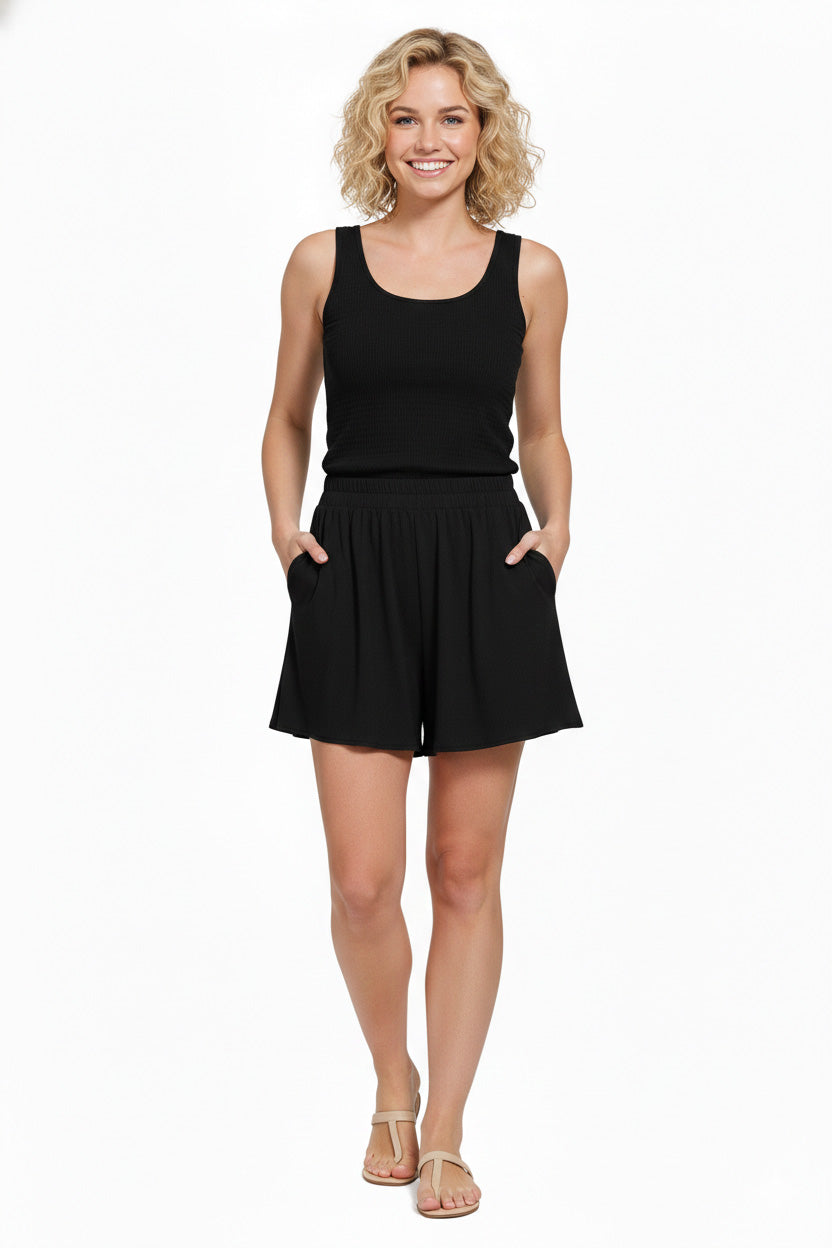 Black Zenana Woven Elastic Band Shorts With Pocket 1