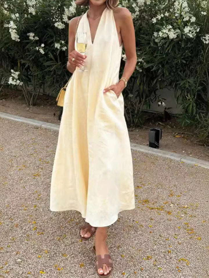 Yellow Halter V Neck Linen Midi Dress