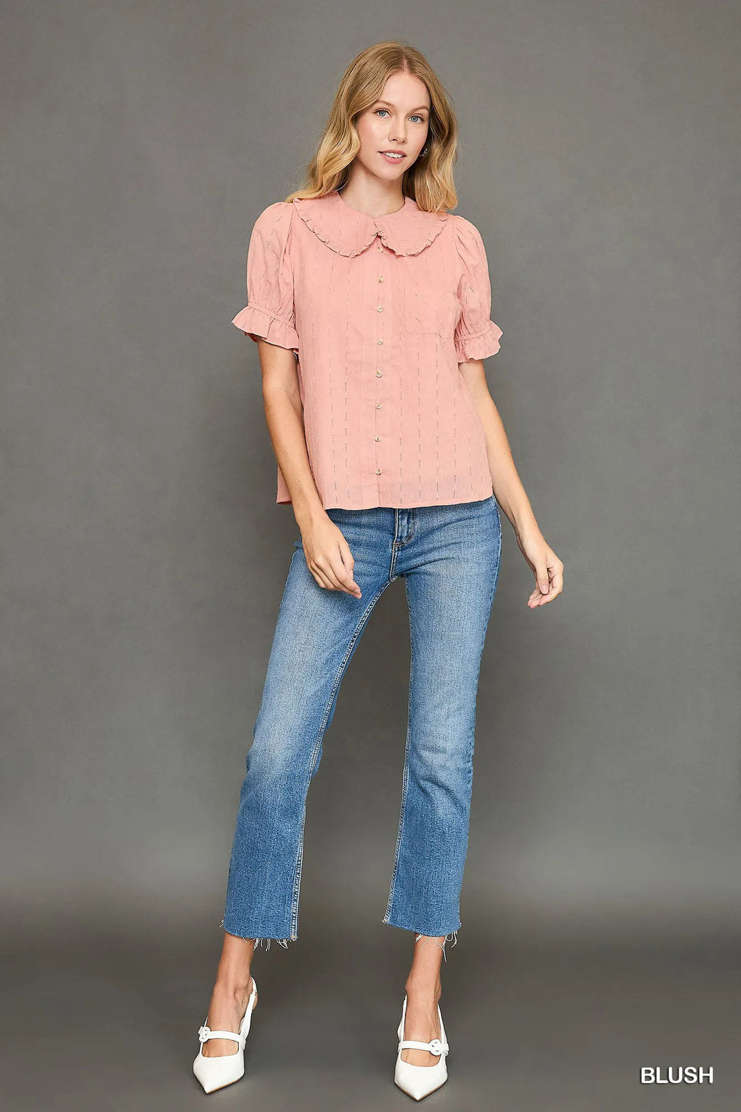 Peter Pan Collared Button Down Textured Shirt With Ruffled Detail