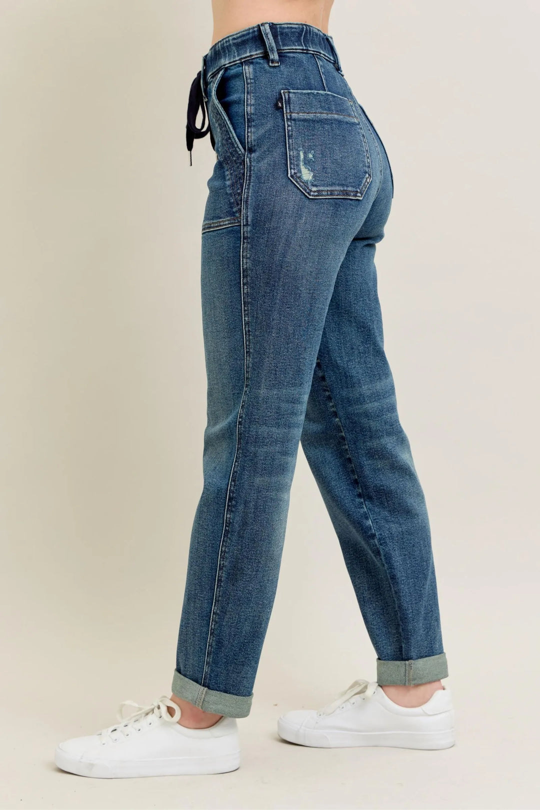 Dark Judy Blue Full Size Hw Vintage Wash Jeans W Drawstring Plus Size