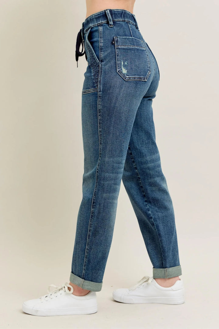Dark Judy Blue Full Size Hw Vintage Wash Jeans W Drawstring Plus Size