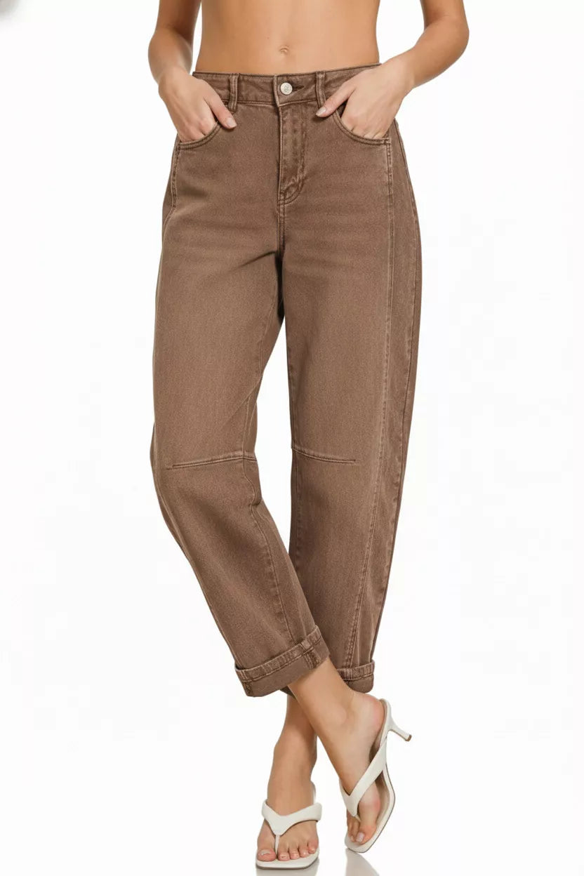 Brown Zenana High Rise Barrel Leg Cropped Jeans 1
