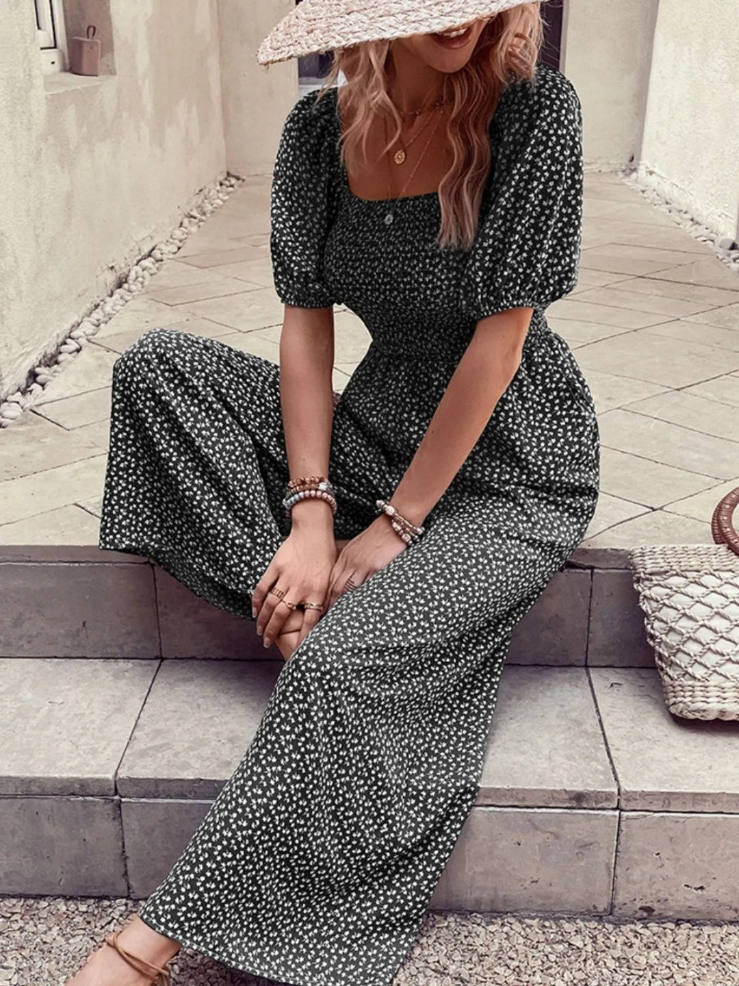 Dark Green Printed Square Neck Puff Sleeve Jumpsuit 1