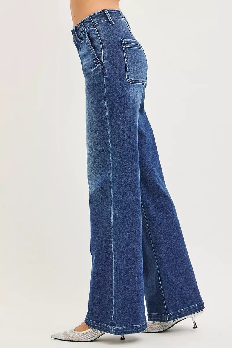 Dark Risen High Rise Wide Leg Slanted Pocket Jeans