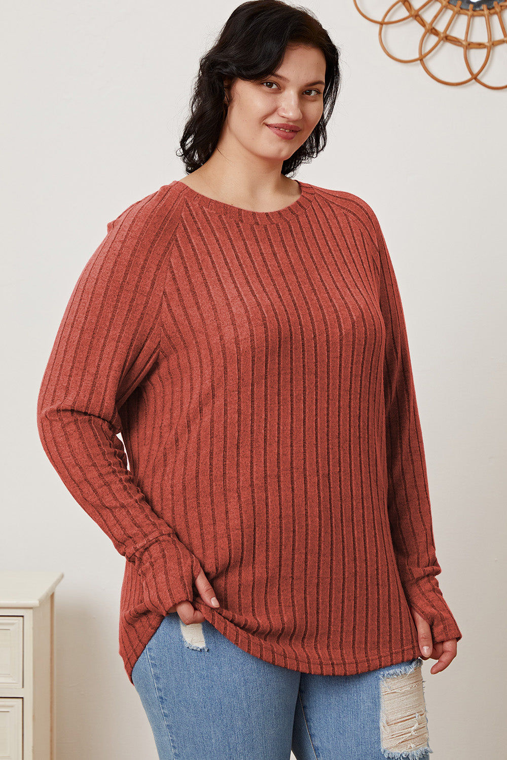 Hot Pink Basic Bae Full Size Ribbed Thumbhole Sleeve T Shirt