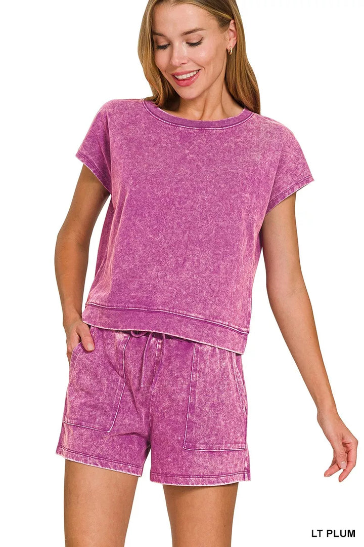 Lt Plum Zenana Premium Cotton Washed Sleeveless Top Shorts Set 3