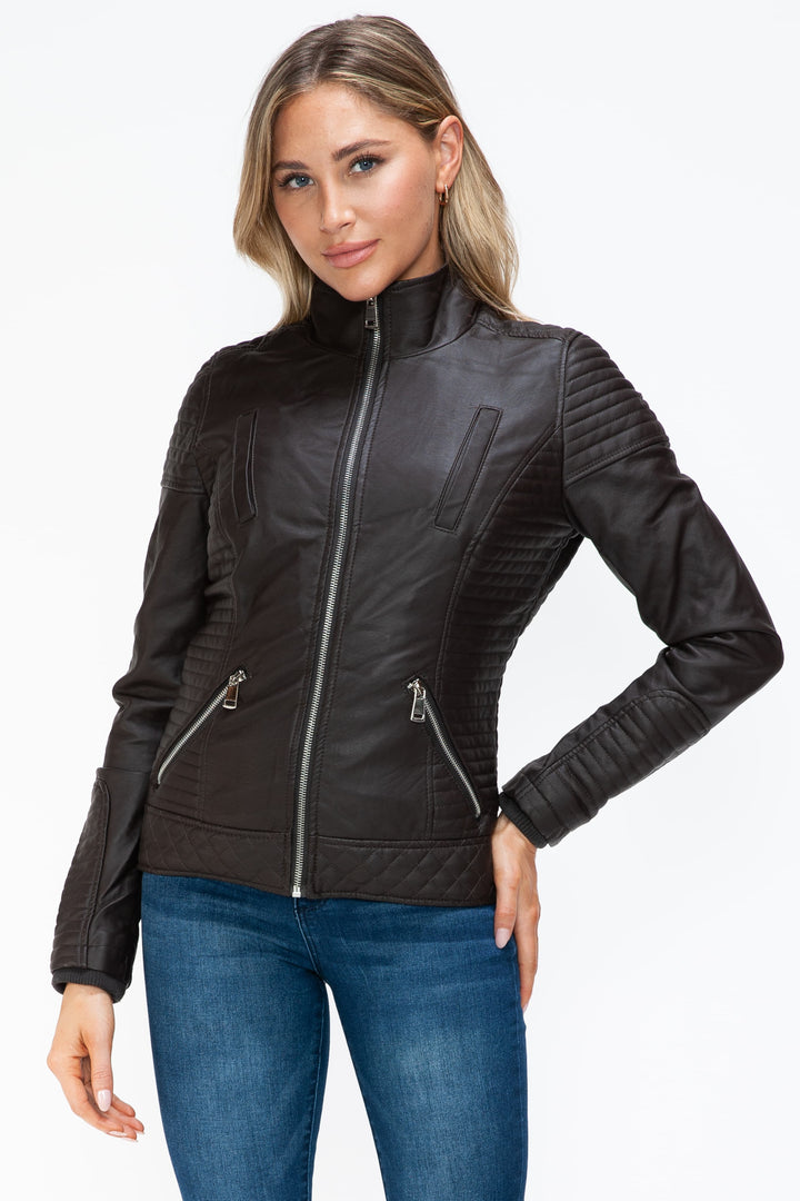 Ymi Faux Layered Double Zipper Jacket With Fuzzy Hood