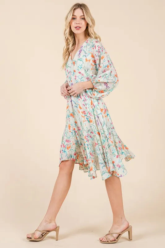 Lime N Chili Floral Cinched Waist Balloon Sleeve V Neck Dress