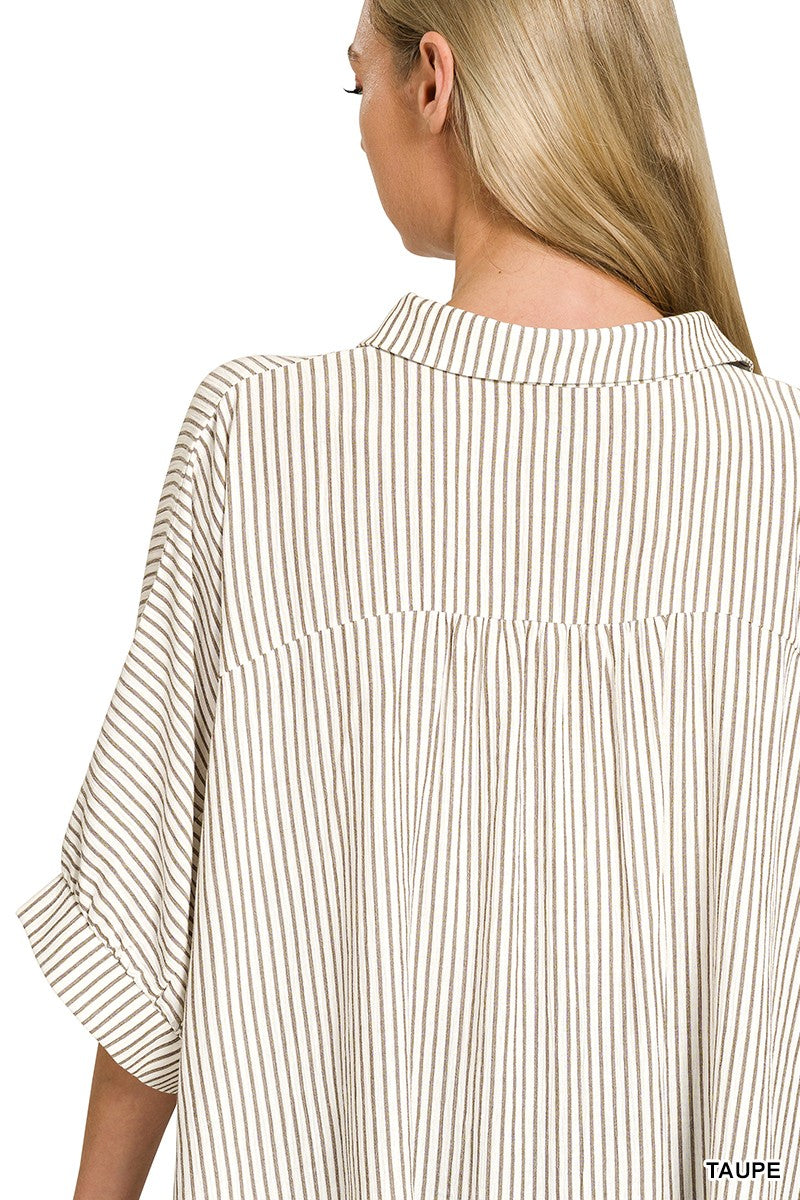 Zenana Full Size Woven Stripe Button Down Boxy Shirt Plus Size 1