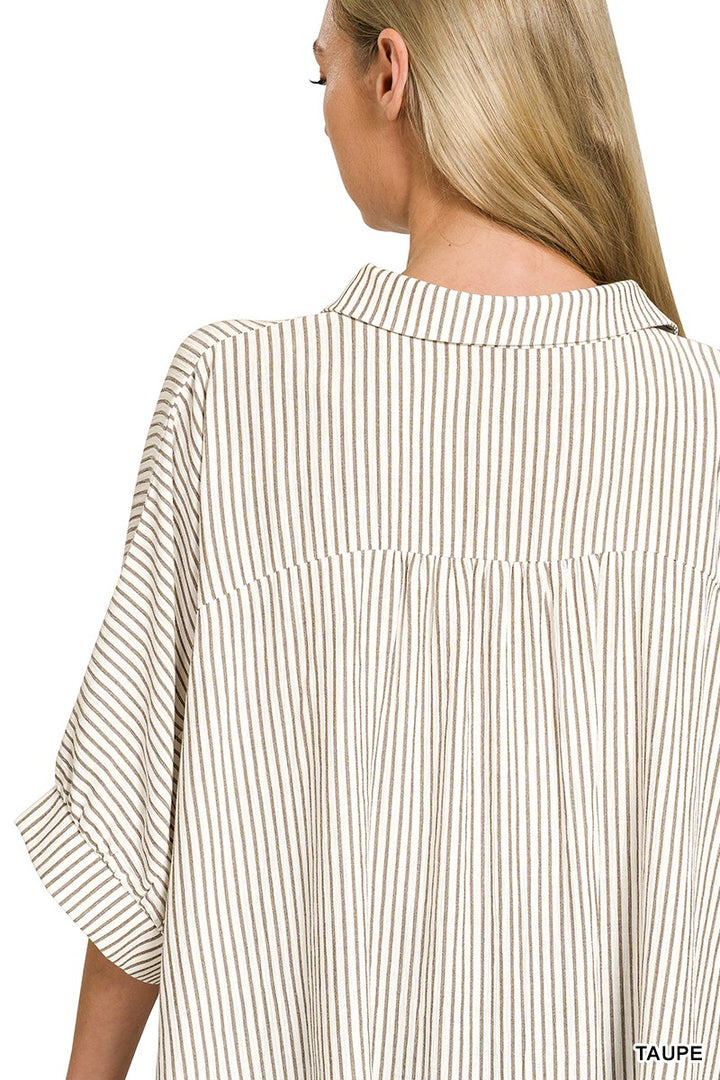 Zenana Full Size Woven Stripe Button Down Boxy Shirt Plus Size 1