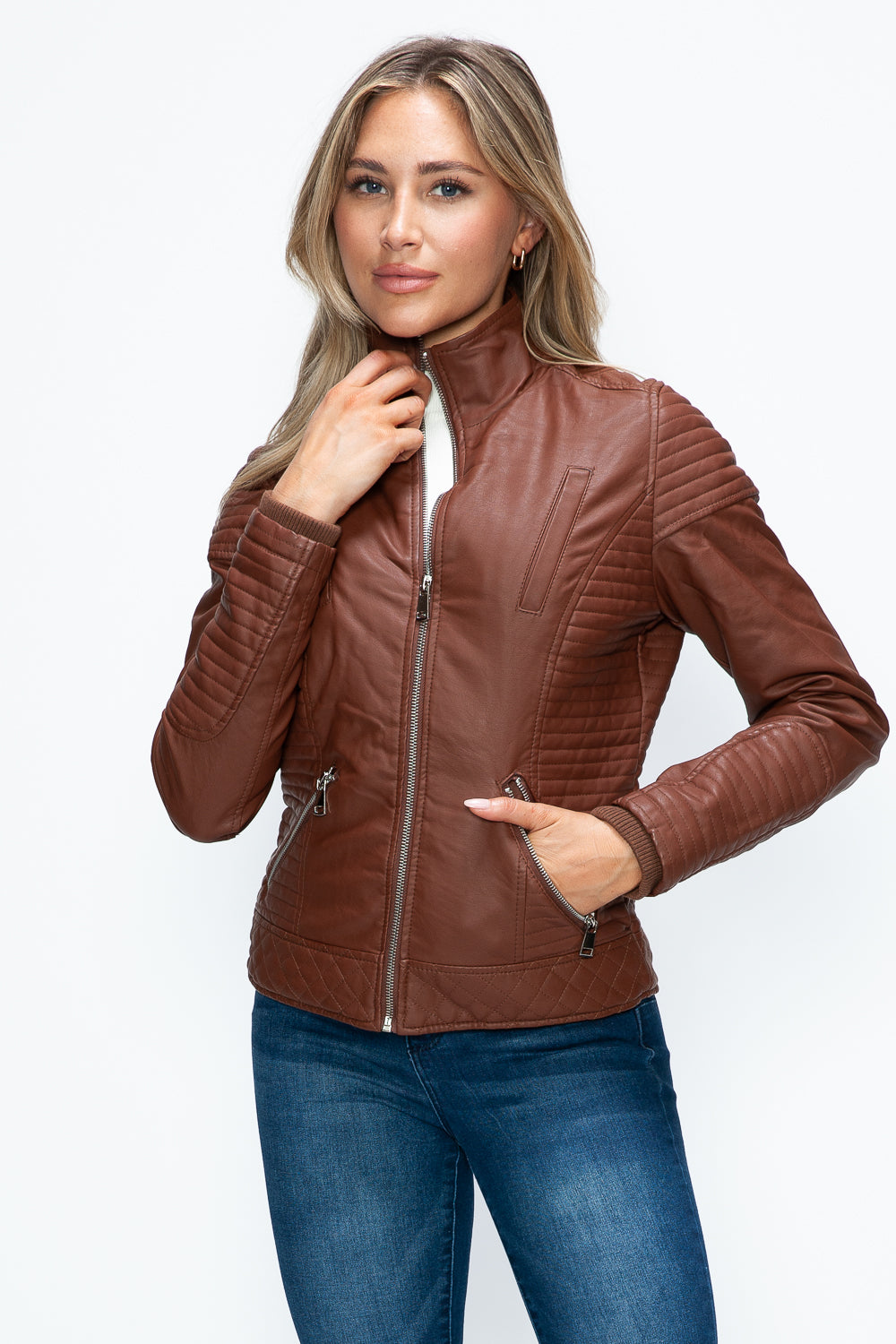 Ymi Faux Layered Double Zipper Jacket With Fuzzy Hood 5