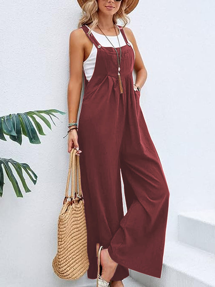 Wine Full Size Wide Leg Overalls With Pockets