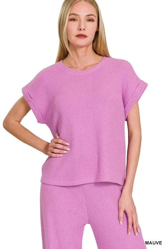 Mauve Zenana Rolled Sleeve Top And Pants Sweater Set