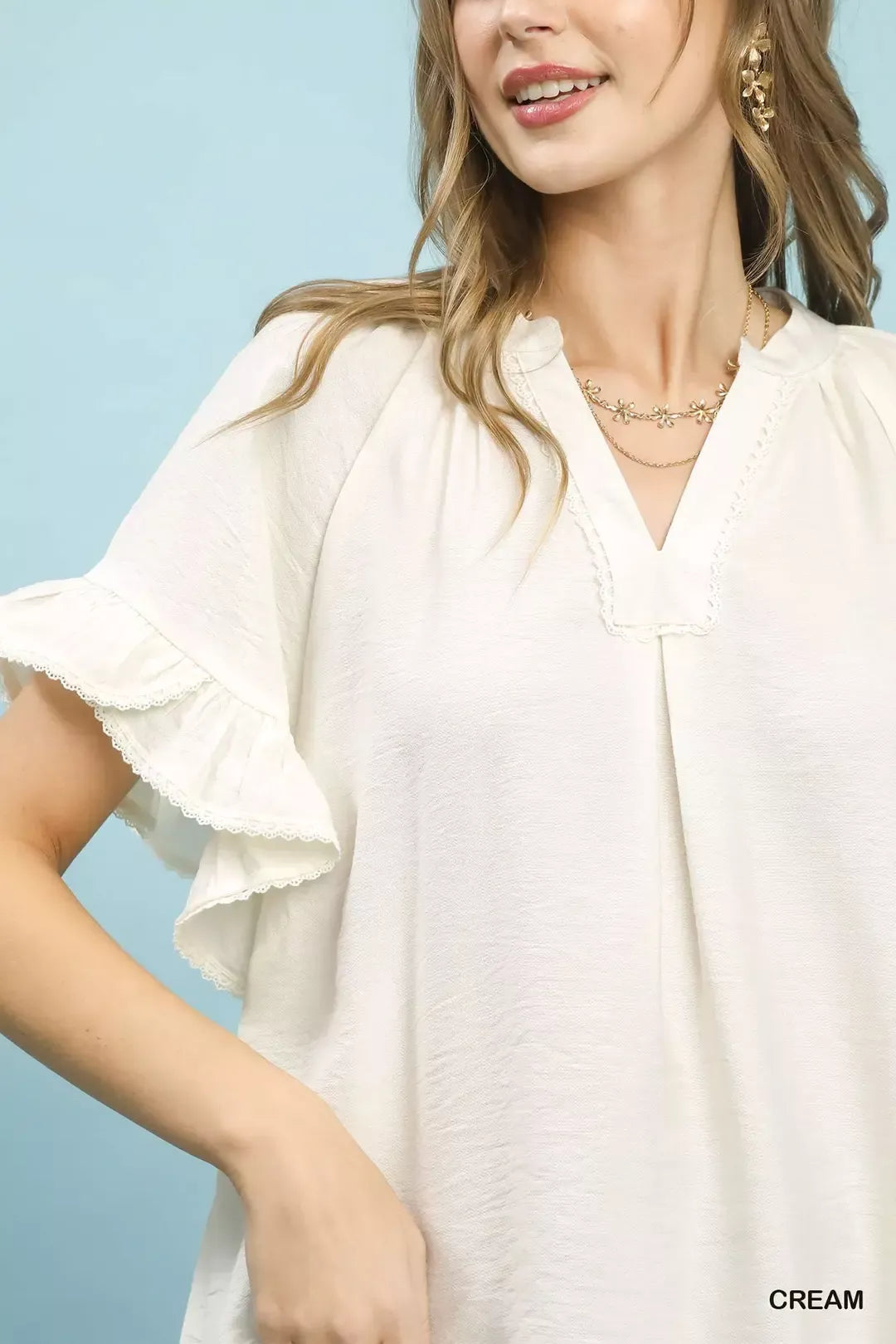 Umgee Ruffle Sleeve V Neck Flutter Blouse 1
