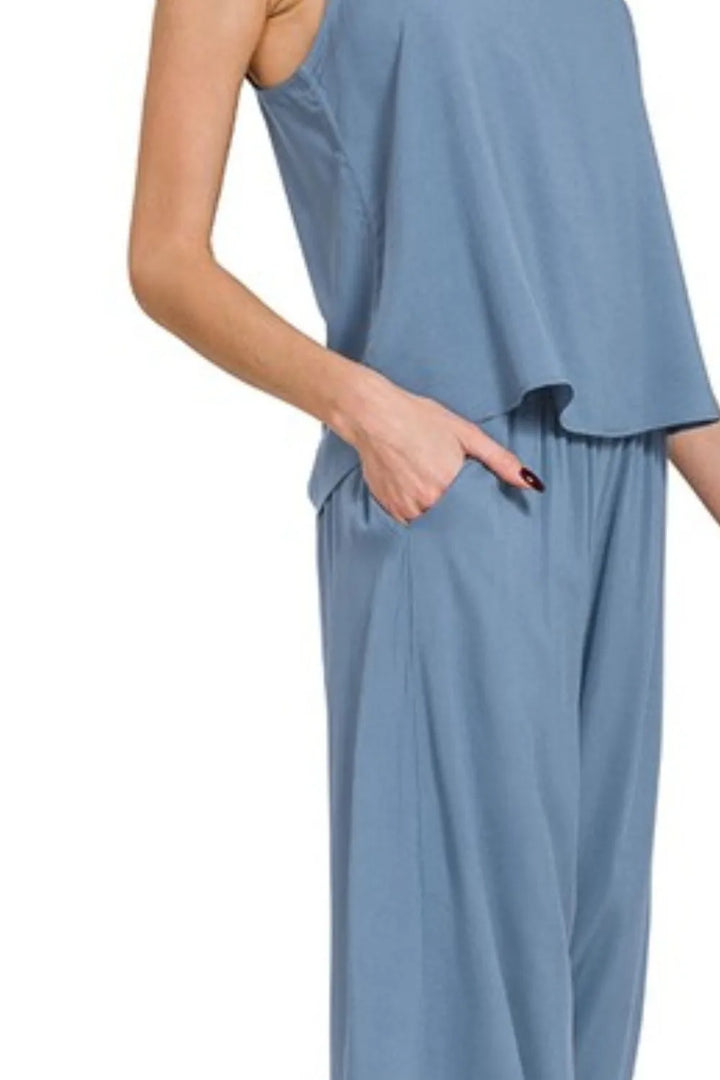 Dusty Blue Zenana Woven Cami Pants Set