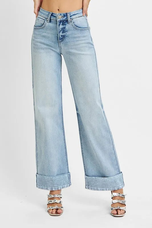 Light Risen Full Size Tummy Control High Rise Ankle Wide Cuffed Jeans Plus Size 1