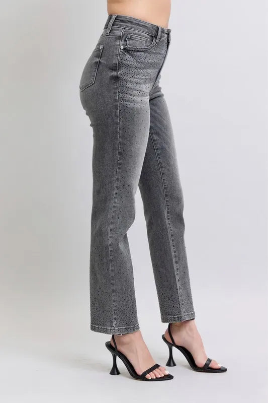 Gry Judy Blue Full Size High Waist Rhinestone Straight Jeans Plus Size