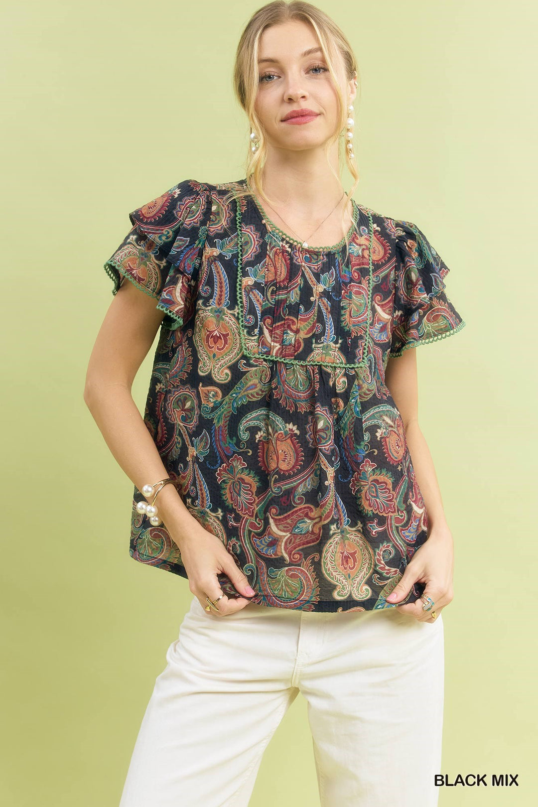 Black Mix Umgee Mix Paisley Ruffle Sleeve Top