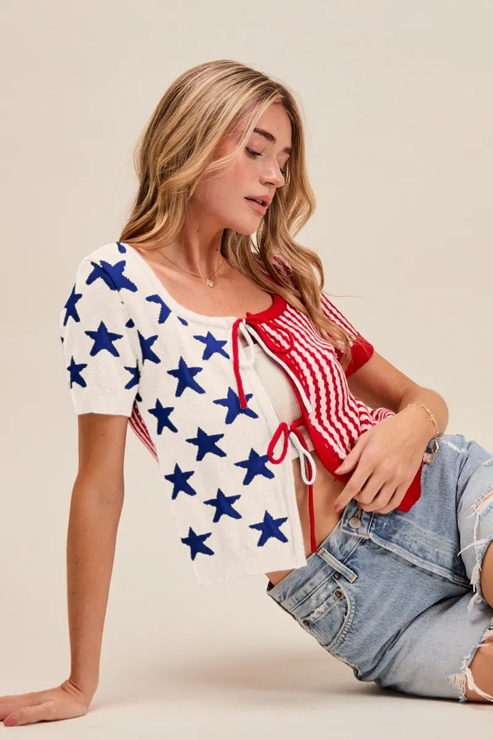 Ivory/Red So Me Stars And Stripe Front Bow Tie Sweater Cardigan