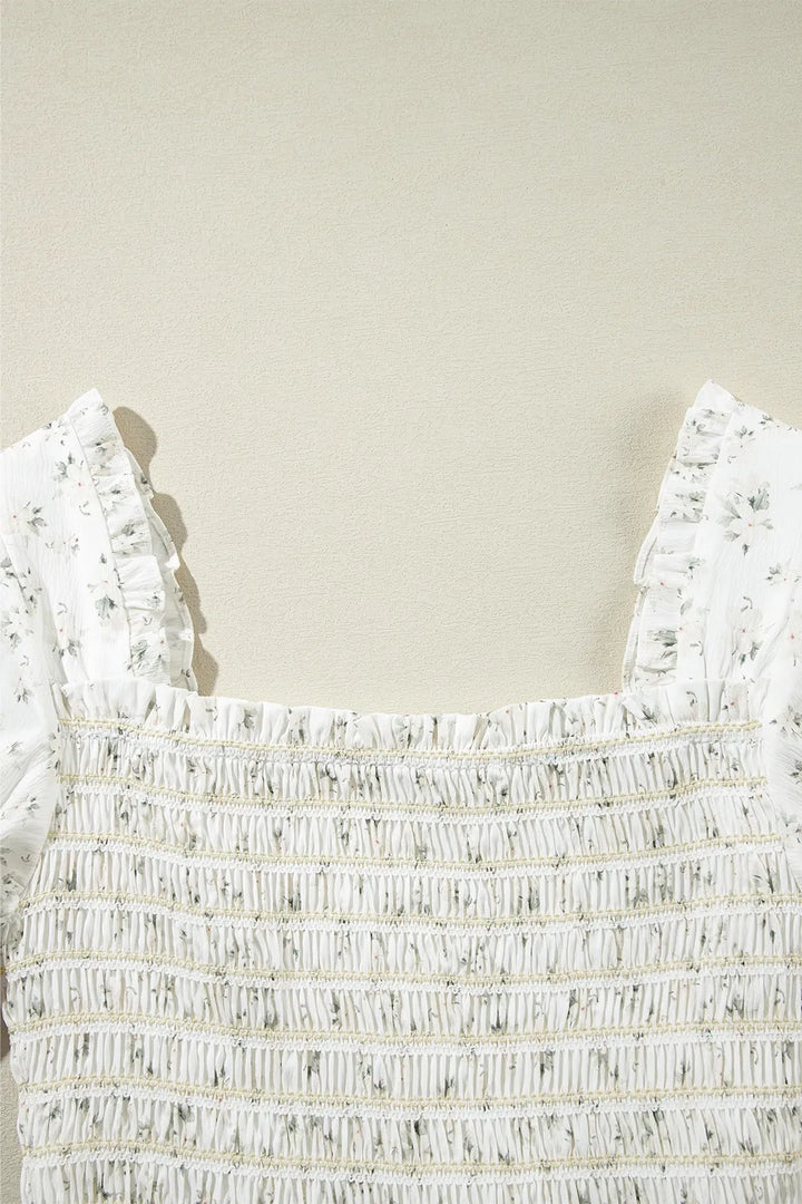 White Smocked Printed Short Sleeve Jumpsuit