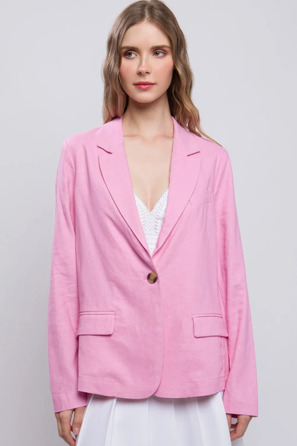Pink Love Tree One Button Long Sleeve Linen Blazer