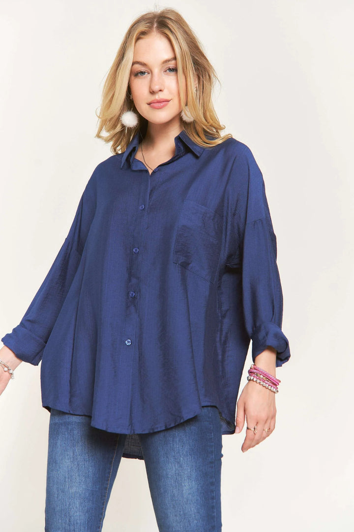 Navy Adora Button Down Linen Shirt