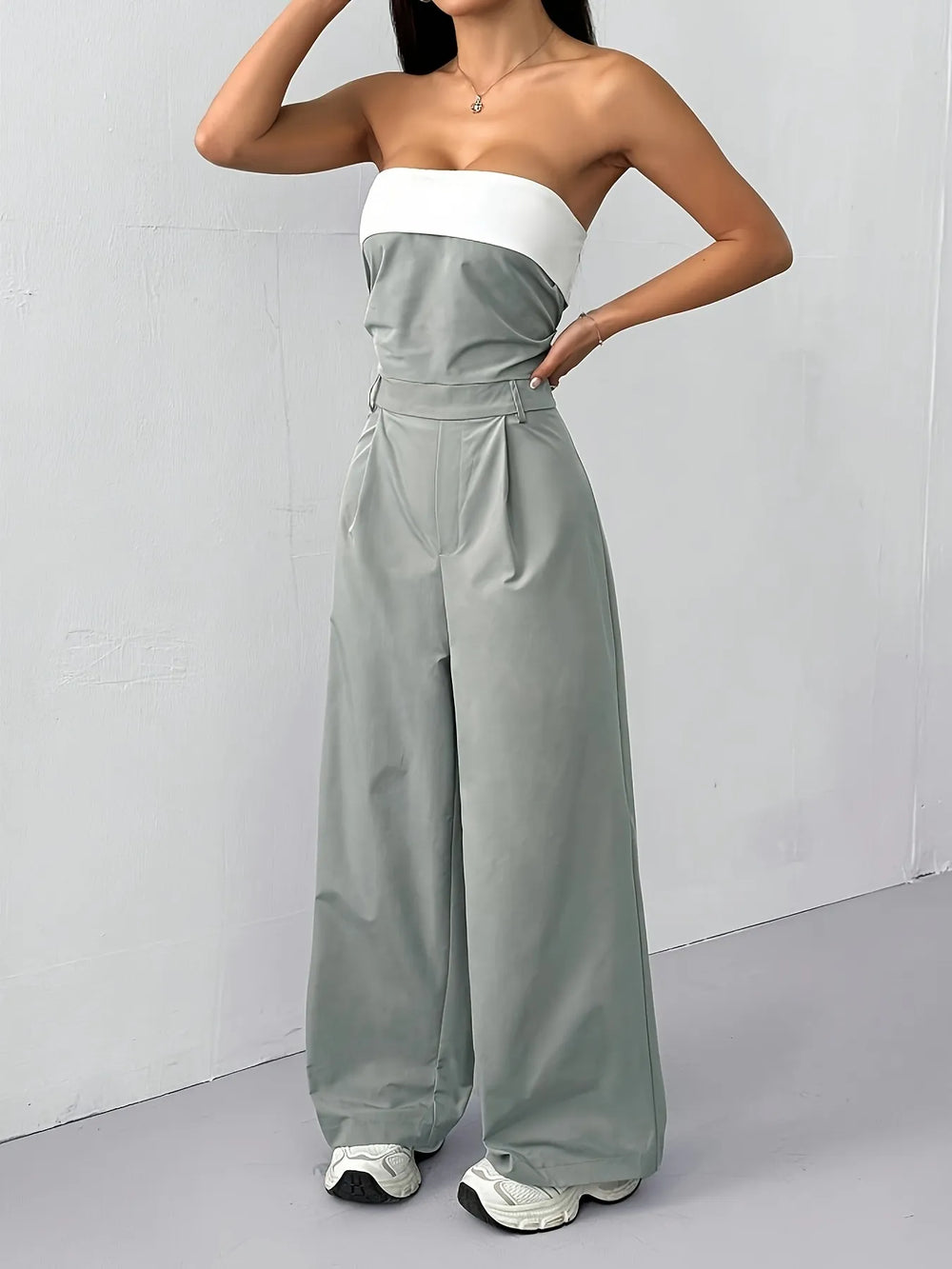 Sage Strapless Color Block Wide Leg Jumpsuit